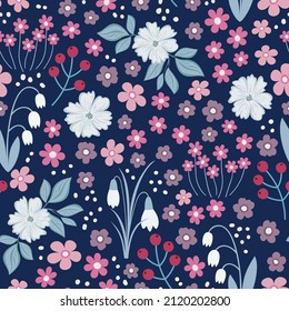 Seamless pattern with blooming summer meadow flowers. Floral background for fashion, textile, wallpaper, printwrapping paper, scrapbooking. Trendy floral design.