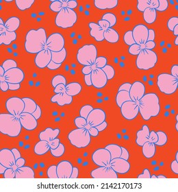 Patrón sin foco de un floreciente prado de verano sobre un fondo rojo. Fondo floral para moda, fondo de pared, impresión. Muchos colores diferentes en el campo. Diseño floral de moda. 