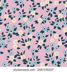Seamless pattern of a blooming summer meadow. Repeating floral pattern on pale pink. There are many different field white and blue flowers on the field.