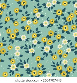 Seamless pattern of a blooming summer meadow. Repeating floral pattern on a green background. There are many different field yellow and white flowers on the field.