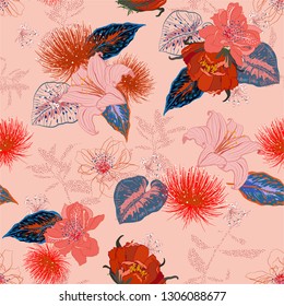 Seamless pattern blooming Sweet romantic  Floral  in many kind of botanical plants and leaves in the garden Design for fashion,fabric,web,wallpaper,and all prints  in hand drawn style on light pink