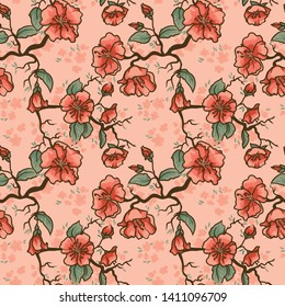 Seamless pattern with blooming tree branches, old fashioned palette, sketch style vector illustration