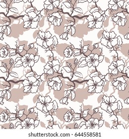 Seamless pattern with blooming tree branches, apple tree flowers background, vector illustration