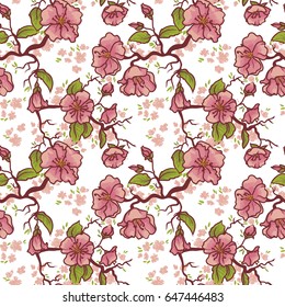 Seamless pattern with blooming tree branches, apple tree or sakura flowers background, pink flowers on white background, vector illustration