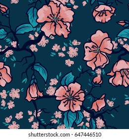Seamless pattern with blooming tree branches, apple tree or sakura flowers background, vector illustration