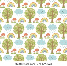 Patrón sin fisuras con árbol en flor, setas, nube de lluvia y arco iris. Fondo de primavera colorido 