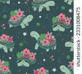 Seamless pattern with blooming turtles on a green background. Vector graphics.