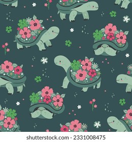 Seamless pattern with blooming turtles on a green background. Vector graphics.