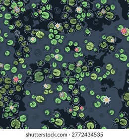 Seamless pattern of blooming water lilies and green lily pads on dark pond water with ripples. Zen botanical background for textile, wallpaper, and home decor. Moody nature illustration.