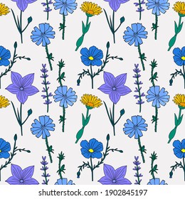 Seamless pattern with blooming wild flowers. Beautiful repeatable floral backdrop in retro style. Vector illustration in hand drawn style