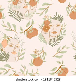 Seamless pattern with blooming Woman portrait, fruit, leaf. Line art background. Editable vector illustration