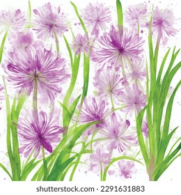 Seamless pattern blossom allium flowers watercolor style art illustration