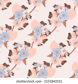 Seamless pattern of blossom cherry flowers in gentle pastel colors. Illustration for textile, wallpapers, wrapping paper