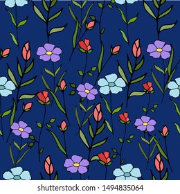 Seamless pattern with blossom flowers, leaves. Vector hand drawn floral background. Endless texture for design projects.
