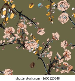 Seamless pattern with blossom flowers sakura tree. Vector illustration with plants wild roses. Sage, beige colors. EPS 10