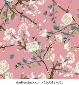 Seamless pattern with blossom flowers sakura tree. Vector illustration with plants wild roses. Gentle pastel colors. EPS 10