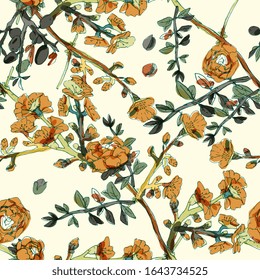 Seamless pattern with blossom flowers sakura tree. Vector illustration with plants wild roses. Gentle pastel colors. EPS 10