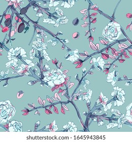 Seamless pattern with blossom flowers sakura tree. Vector illustration with plants wild roses. Gentle pastel colors. EPS 10