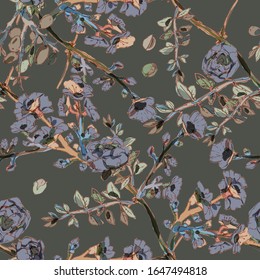 Seamless pattern with blossom flowers sakura tree. Vector illustration with plants wild roses. Gentle pastel colors. EPS 10