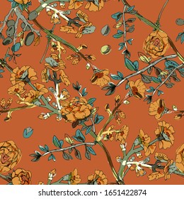 Seamless pattern with blossom flowers sakura tree. Vector illustration with plants wild roses. Orange, tangerine colors. EPS 10