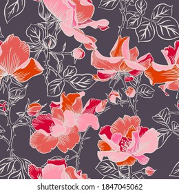 Seamless pattern with blossom large red roses petals buds and leaves. Artistic summer floral background. Beautiful botanical ornament. Line drawing, Vintage style.