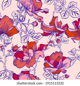 Seamless pattern with blossom large red roses petals buds and leaves. Artistic summer floral background. Beautiful botanical ornament. Line drawing, Vintage style.