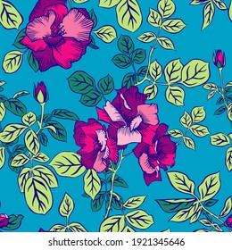 Seamless pattern with blossom large red roses petals buds and leaves. Artistic summer floral background isolated on light blue. Beautiful botanical ornament. Line drawing, Vintage style