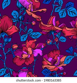 Seamless pattern with blossom large red roses petals buds and leaves. Artistic summer floral background. Beautiful botanical ornament. Line drawing, Vintage style.