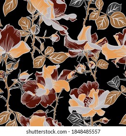 Seamless pattern with blossom large roses petals buds and leaves. Artistic summer floral background isolated on black. Beautiful botanical ornament. Line contour drawing, Vintage boho chic style.