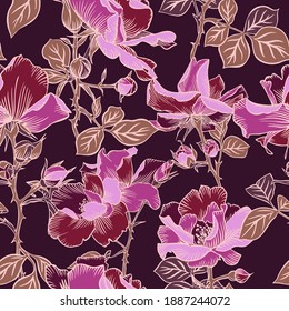 Seamless pattern with blossom large roses petals buds and leaves. Artistic summer floral background isolated on black. Beautiful botanical ornament. Line contour drawing, Vintage boho chic style.