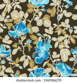 Seamless pattern with blossom large roses and leaves. Artistic summer floral background. Beautiful botanical ornament. Line drawing, Vintage boho style.