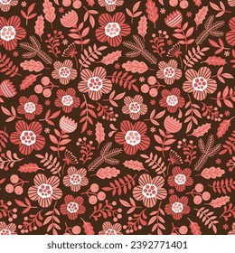 Seamless pattern of blossom meadow. Interweaving of stylized pink doodle flowers and branches on dark brown background