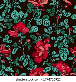 Seamless pattern with blossom red roses and leaves. Decorative summer floral background isolated on black. Beautiful botanical ornament. Line drawing, Vintage style.