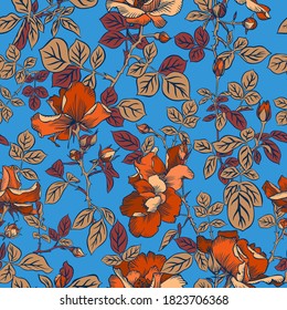 Seamless pattern with blossom red roses and leaves. Decorative summer floral background isolated on blue. Beautiful botanical ornament. Line drawing, Vintage style.