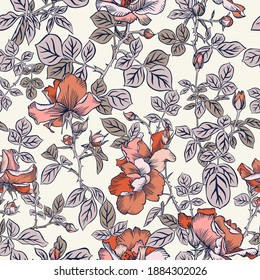 Seamless pattern with blossom red roses and leaves. Decorative summer floral background. Beautiful botanical ornament in pastel colors. Line drawing, Vintage style.