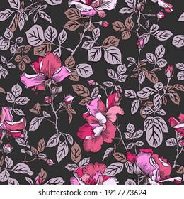 Seamless pattern with blossom red roses and leaves isolated on black. Decorative summer floral background. Beautiful botanical ornament. Line drawing, Vintage style.