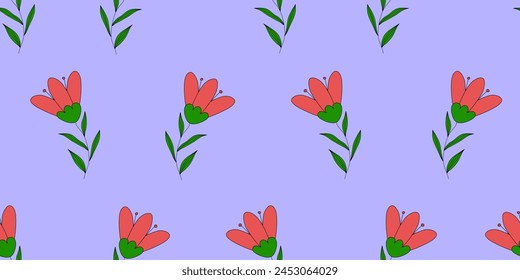 Seamless pattern with blossom red tulips or meadow flowers on violet, doodle style vector