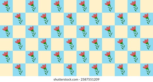Seamless pattern with blossom red tulips or meadow flowers, on checked yellow and blue, vector