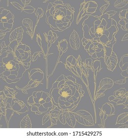 Patrón sin brillo con rosa de flor Aislado en color gris. Textura De Decoración Botánica Floral. Diseño de estilo vintage para impresión de tejido, fondo de papel pintado.