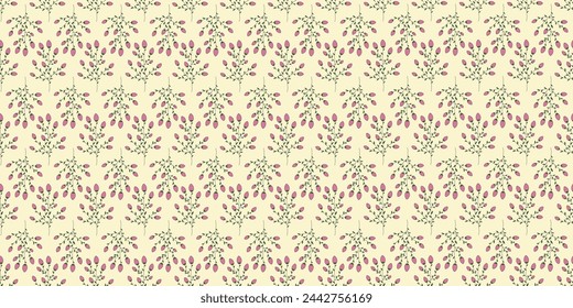 Patrón sin fisuras con flores de rosas pequeñas en las ramas, ilustración vectorial de estilo doodle