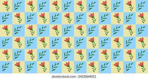 Seamless pattern with blossom tulip flowers and branches, checked blue and yellow background, doodle style vector