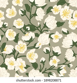 Seamless pattern of blossomed white jasmine flowers. Design of floral repeatable background for printing. Endless flowery texture with mock-oranges. Hand-drawn colored flat vector illustration