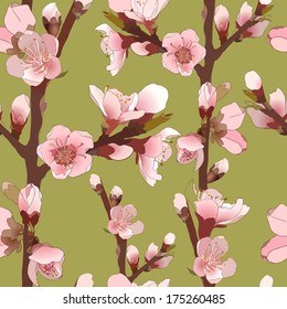 Seamless pattern with blossoming almond branch with pink flowers. Realistic vector illustration