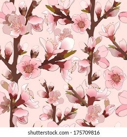 Seamless pattern with blossoming almond branch with pink flowers. Realistic vector illustration
