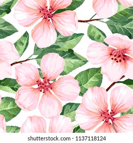 Seamless pattern with blossoming apple tree flowers. Elegance vintage endless texture in watercolor style on white background.