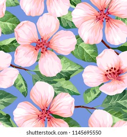 Seamless pattern with blossoming apple tree flowers on blue background. Elegance vintage endless texture in watercolor style . 