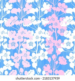 Seamless pattern with blossoming branches of apricot. Vector illustration. Floral silhouettes.  Perfect for design templates, wallpaper, wrapping, fabric and textile.