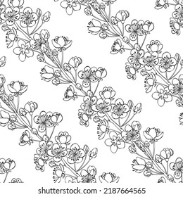 Seamless pattern with blossoming branches of apricot. Vector illustration. Black and white.  Perfect for design templates, wallpaper, wrapping, fabric and textile.