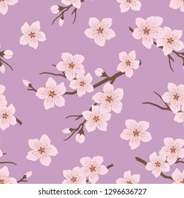 Seamless pattern with blossoming branches of cherry. A tree branch with white flowers and buds on a purple background. Spring floral background. Vector illustration