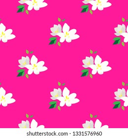Seamless pattern with blossoming branches of cherry. White flowers and buds on a pink background. Spring floral background. Vector